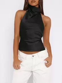 Sedessea WOWDARK 女士时尚性感缎面露背上衣，秋季优雅款 - 黑色 - 查看 5