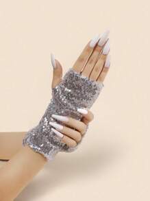 1 Pair Short Fingerless Gloves With Reflective Sequins, Nightclub/Stage Performance Gloves
