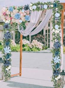 1pc Artificial Eucalyptus Garland With Flowers, Wedding Table Flower Garland Decorations, Floral Rose Garland For Centerpieces Backdrop Wall Flower Vines For Room Decor (Dusty Blue)