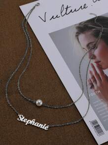 1pc DIY Customized Double Layer Pearl Hollow English Letter Stainless Steel Pendant Necklace Cross Border New Women's Jewelry Customizable Name Simple Daily Style, Products Including Gift Box, Valentine's Day Gift, Birthday Gift, Mother's Day Gift, Daily Gift