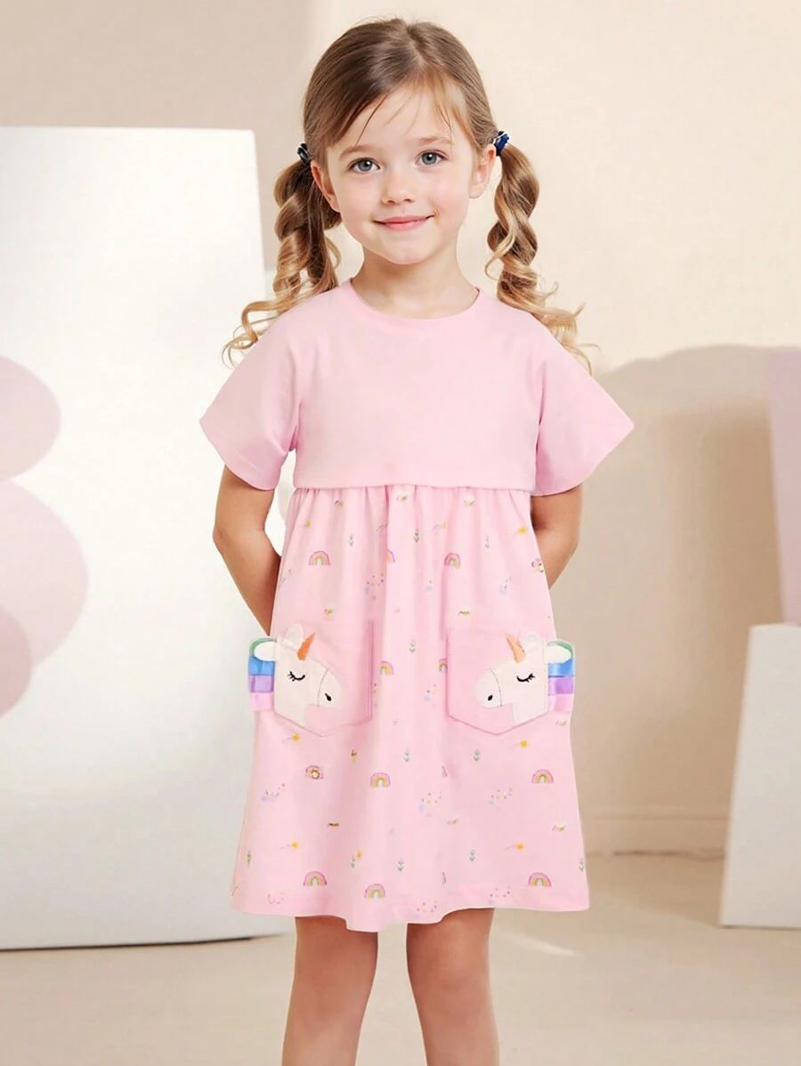 女童短袖刺绣可爱连衣裙，夏季儿童连衣裙 - 粉色 - 查看 1