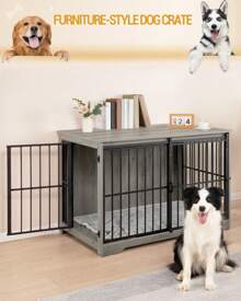 HEXCELEN XL Large Dog Crate Furniture, Dog Cage, 44.1" Indoor Dog Kennel Furniture With Barn Door, Wooden Tall Dog Crate, Heavy Duty Dog Cage For Large Dogs, Side End Table, Anti-Chew,Greige Black - 灰色 - 查看 7
