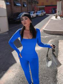 Womens Workout Winter Long Jumpsuits Seamless Yoga Gym Bodycon Rompers Sexy Unitard Tummy Control - Blue - View 4