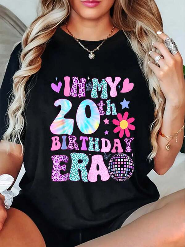 Camiseta informal 100 % algodón con texto en inglés "Groovy In My 20th Birthday Era Gifts" y "Camiseta divertida para 20 años"