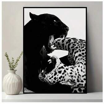 1pc Leopard And Jaguar Print, Black And White, Leopard Pattern, Vintage Photography, Fashion Print, Animal Wall Art, Fun Canvas Wall Decor For Home Bedroom Kitchen Bathroom, Hotel Cafe Office Room Decor Art Poster Unframed
