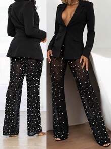 Women Mesh Sheer See Through Bead Pants Elastic High Waist Flare Long Legging Trouser - Black - View 4