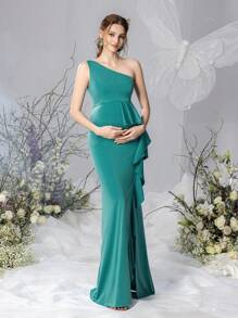Faeriesty Dressalisa Elegant Maternity One Shoulder Ruffle Trim Formal Party Dress - Green - View 4