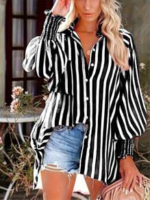 Women's Striped Long Sleeve Woven Shirt Collar Top, Bishop Sleeve Design, Asymmetric Hem, Button Front Detail, Perfect For Autumn/Winter Casual Black - Black - View 1