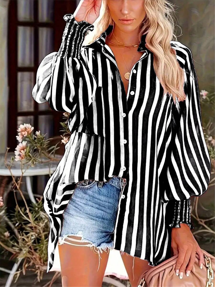 Women's Striped Long Sleeve Woven Shirt Collar Top, Bishop Sleeve Design, Asymmetric Hem, Button Front Detail, Perfect For Autumn/Winter Casual Black - Black - View 1