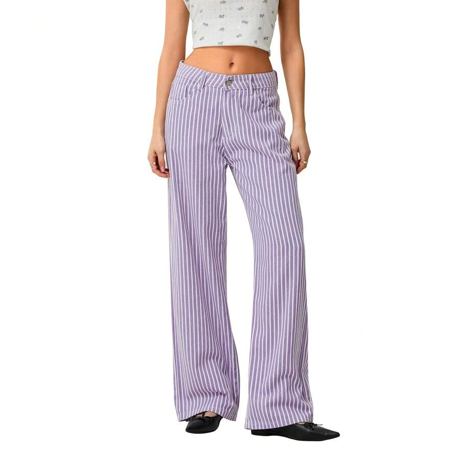Womens High Rise Jeans Retro Classic Striped Print Wide Leg Denim Pants Boyfriend Jeans With Pockets - Purple - View 1