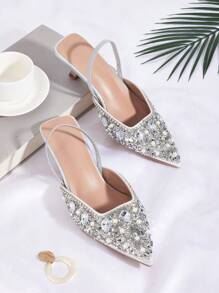 女士金属扣尖头优雅高跟鞋，适合春夏穿着，猫跟设计，优雅大方，适合派对装扮 - 銀色 - 查看 2