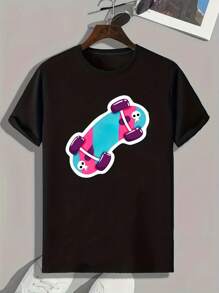 Men's Skateboard Pattern Printed T-Shirt, Comfortable And Versatile Top, Ideal Choice For Summer Outdoor Activities Or Casual Wear