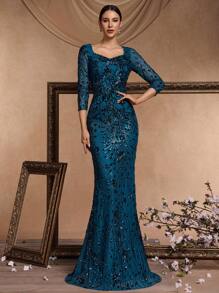 BluePlum Đầm dạ hội dài tay cổ tim đính sequin dáng đuôi cá cho nữ, đầm dự tiệc sang trọng, đầm dự tiệc cưới, đầm tốt nghiệp, đầm dự tiệc tối mùa xuân. - Màu xanh ngọc - Xem 4