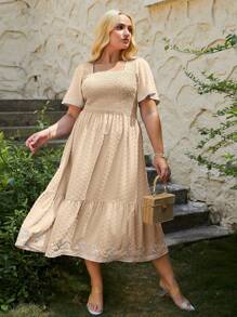 Women's Plus Size Summer Casual Short Sleeve Smocked Square Neck A Line Flowy Midi Dress Long Dress - 杏色 - 查看 3