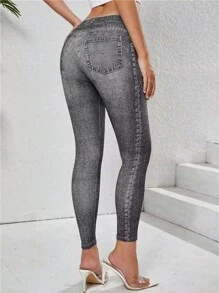 Summer Workout High Waist High Elastic Polyester Jeaned Print Tights Cycling Shorts, Shaping, Suitable For Gym, Outdoor Cycling, Running, Yoga, Extreme Sports And Commuting - Grey - View 7