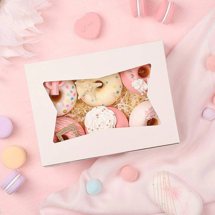 24 件烘焙盒，8x6x2.5 英寸 3 款带窗饼干盒，带窗糖果盒，巧克力草莓，蛋糕，松饼，甜甜圈 - 白色 - 查看 1