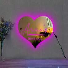 定制霓虹灯标志 1 件心形个性化名称镜子 LED 灯定制名称母亲生日亚克力墙面装饰镜子霓虹灯标志适用于卧室家居装饰