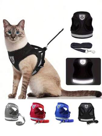 Pet Cat Dog Reflective Vest Harness & Leash Set, Includes Harness, Leash, Brush; Pet Outdoor Walking Harness & Foldable Food Bowl Set, Hassle-Free Travel