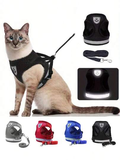 Pet Cat Dog Reflective Vest Harness & Leash Set, Includes Harness, Leash, Brush; Pet Outdoor Walking Harness & Foldable Food Bowl Set, Hassle-Free Travel
