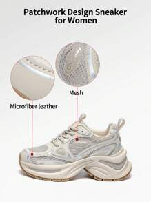 somiliss 1 Pair Women's Casual Sports Shoes, Low-Top Lace-Up Front, Apricot Faux Leather & Mesh Upper, Breathable & Comfortable, Running Shoes, Fashion , 6cm Height Increase, Suitable For Outdoor Walking, Autumn/Winter - Apricot - View 5