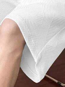 Summer White Jacquard Knitted Loose Straight Leg Shorts For Men, Casual, Sports, Versatile Solid Color, Mid-Thigh Length - White - View 3