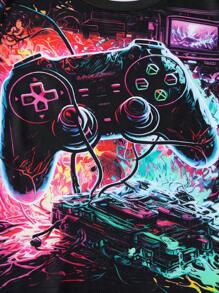 2 件装幼儿男童休闲游戏图案 T 恤和破洞牛仔短裤套装 - 彩色 - 查看 3