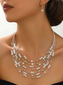 1pc Middle Eastern Style Bamboo Knot Layered Necklace & 1 Pair Glass Bead Earrings, Fashionable Jewelry Set For Women