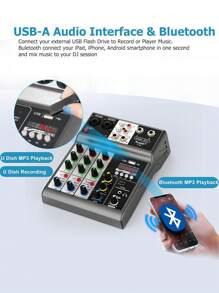 Aveek Professional Audio Mixer, Sound Board Mixing Console With 4 Channel Digital USB Bluetooth Echo Delay Effect, Input 48V Phantom Power Stereo DJ Mixers For Recording, Live Streaming, Podcasting - màu đen - Xem 4
