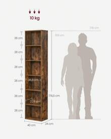 VASAGLE Bücherregal, mit 6 Ebenen, Standregal, Aufbewahrungsregal, für Wohnzimmer, Büro, Schlafzimmer, Arbeitszimmer, skandinavischer Stil, 24 x 40 x 178,5 cm, weiß LBCDE167T14 - Mokka-Braun - Übersicht 6