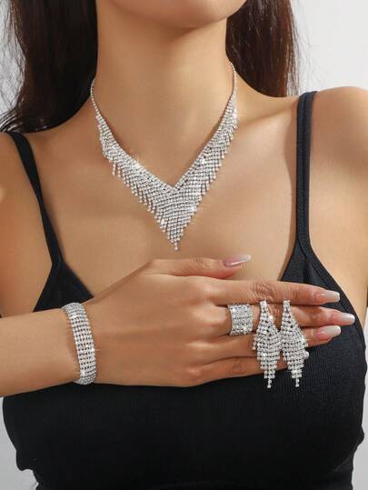 5pcs Luxury Crystal Jewelry Set: Necklace, Earrings, Bracelet, Ring, Exquisite Versatile Design Suitable For Women Daily, Wedding Party, Festival Holiday Gift