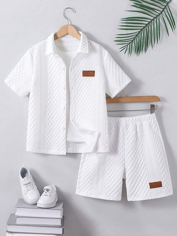 Set da 2 pezzi, camicia e pantaloncini corti con applicazioni, per ragazzi pre-adolescenti, moda