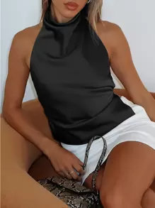 Sedessea WOWDARK 女士时尚性感缎面露背上衣，秋季优雅款 - 黑色 - 查看 7