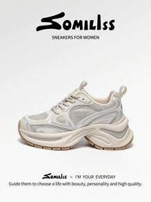 somiliss 1 Pair Women's Casual Sports Shoes, Low-Top Lace-Up Front, Apricot Faux Leather & Mesh Upper, Breathable & Comfortable, Running Shoes, Fashion , 6cm Height Increase, Suitable For Outdoor Walking, Autumn/Winter - Apricot - View 2