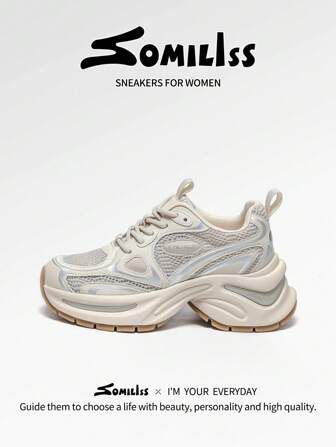 somiliss 1双女士休闲运动鞋，低帮系带，杏色仿皮网布鞋面，防滑透气，舒适跑步鞋，时尚，增高6厘米，适合户外步行，秋冬季穿着