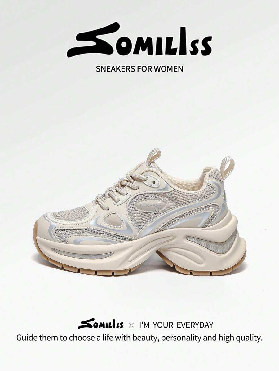 somiliss 1 Pair Women's Casual Sports Shoes, Low-Top Lace-Up Front, Apricot Faux Leather & Mesh Upper, Breathable & Comfortable, Running Shoes, Fashion , 6cm Height Increase, Suitable For Outdoor Walking, Autumn/Winter