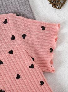 3pcs/Set Girls Heart & Striped Print Short Sleeve Top - Pink - View 5
