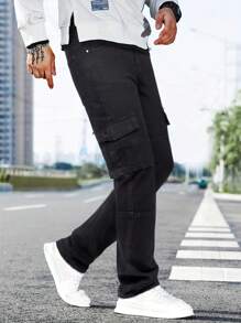 Plus Size Men's Fashionable Casual Outdoor Activities Jeans, Street, Hip Hop, Dance Party, Jogging Versatile Comfortable Multipocket Dark-Colored Denim Cargo Pants