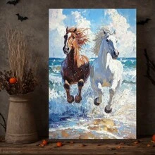 Galloping Steeds By The Seaside, Dynamic Artwork, Classic Coastal Charm