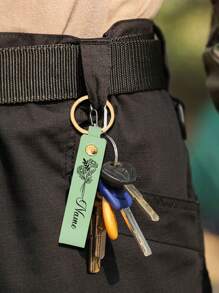 LICVIC 1pc Custom Birth Flower Leather Keychain, Personalized Engraving Name Keychain, With Key Rings Rivets, 8.5cm/3.34in, 4 Colors Green/White/Pink/Blue - Style a - View 6