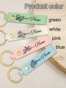 LICVIC 1pc Custom Birth Flower Leather Keychain, Personalized Engraving Name Keychain, With Key Rings Rivets, 8.5cm/3.34in, 4 Colors Green/White/Pink/Blue - Style a - View 5