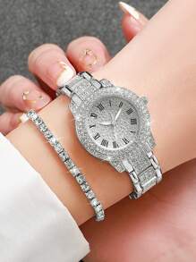 6er Set Modische, Lässig Quarz Armbanduhr für Damen mit römischem Zifferblatt & Stahlarmband + Schmuckset (ohne Uhrenetui)