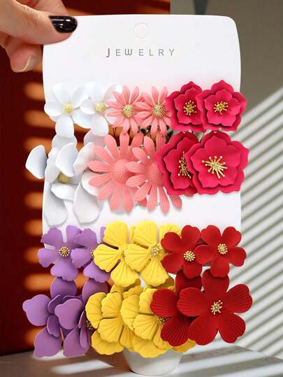 Betykuku 12pcs Bohemian Style Mixed Color Flower Metal Pendant Earring Set, Gift For Women & Girls Valentines,Mom,Mother,Mother's Day,Gift