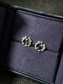 1 对 925 纯银镀铂金精致小银花环和叶子耳钉，闪亮简约时尚个性化镶嵌方晶锆石耳环，适合女性学生日常、派对、节日礼物 - 銀色 - 查看 5