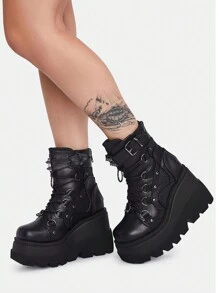 Women Motorcycle Punk Boots Platform High Wedges Heel Lace-Up Metal Buckle Ankle Boots Gothic Combat Boots Y2K - màu đen - Xem 4