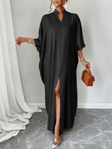 Women's Apricot V-Neck Batwing Sleeve Split Hem Dress, Casual Everyday Wear For Autumn/Winter, Suitable For Leisure, Shopping, Outings, Easy To Match - Black - View 3