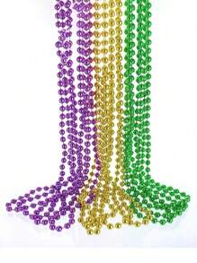 3pcs/Set Mardi Gras Party Bead Necklace, Yellow, Green, Purple Electroplated Plastic Beads, Suitable For Mardi Gras Wear - Multicolor - View 3