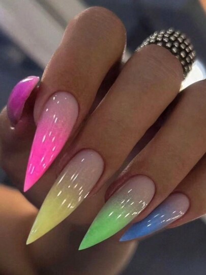 Y2K Upgrade Your Look 24Pcs Long Almond Shaped Fasle Nails,Purple & Pink & Yellow & Green & Blue Gradient Designs Detachable Nail Tips,Simple Fashion Gorgeous Style Nail Art,Suitable For Daily Wear Press On Nails Nail Supplies Nails