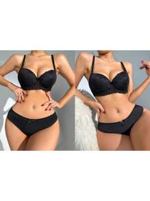 Women's Lace Lingerie Set V Neck Bra With Low Rise Thong Mesh Babydoll Set - Negro - Ver 3