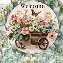1 Peça Placa de Boas-Vindas Redonda de Madeira de 8 Polegadas com Design Floral e de Borboleta, Decoração de Parede Vintage. Adequado para Varanda, Casa, Entrada, Ótimo Presente para Decoração de Quarto de Amigos, Decoração de Jardim, Decoração de Casamento, Decoração de Casa