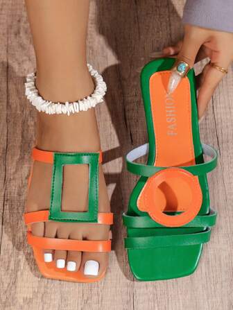 女士平底方头凉鞋，轻便舒适，多巴胺色，一体式套脚设计，休闲度假风夏季户外沙滩拖鞋